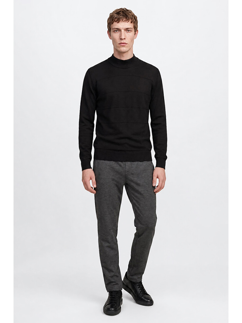 Erkek Antrasit Slim Fit Dar Kesim Beli Bağlamalı Yan Cepli Diagonal Desenli Esnek Casual Pantolon-2