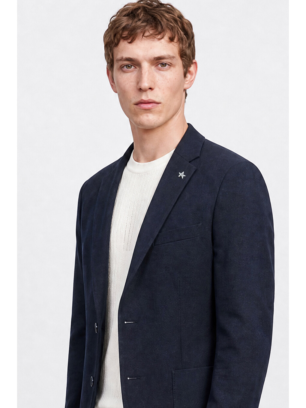Erkek Lacivert Yünlü Slim Fit Dar Kesim Mono Yaka Torba Cepli Blazer Ceket-4