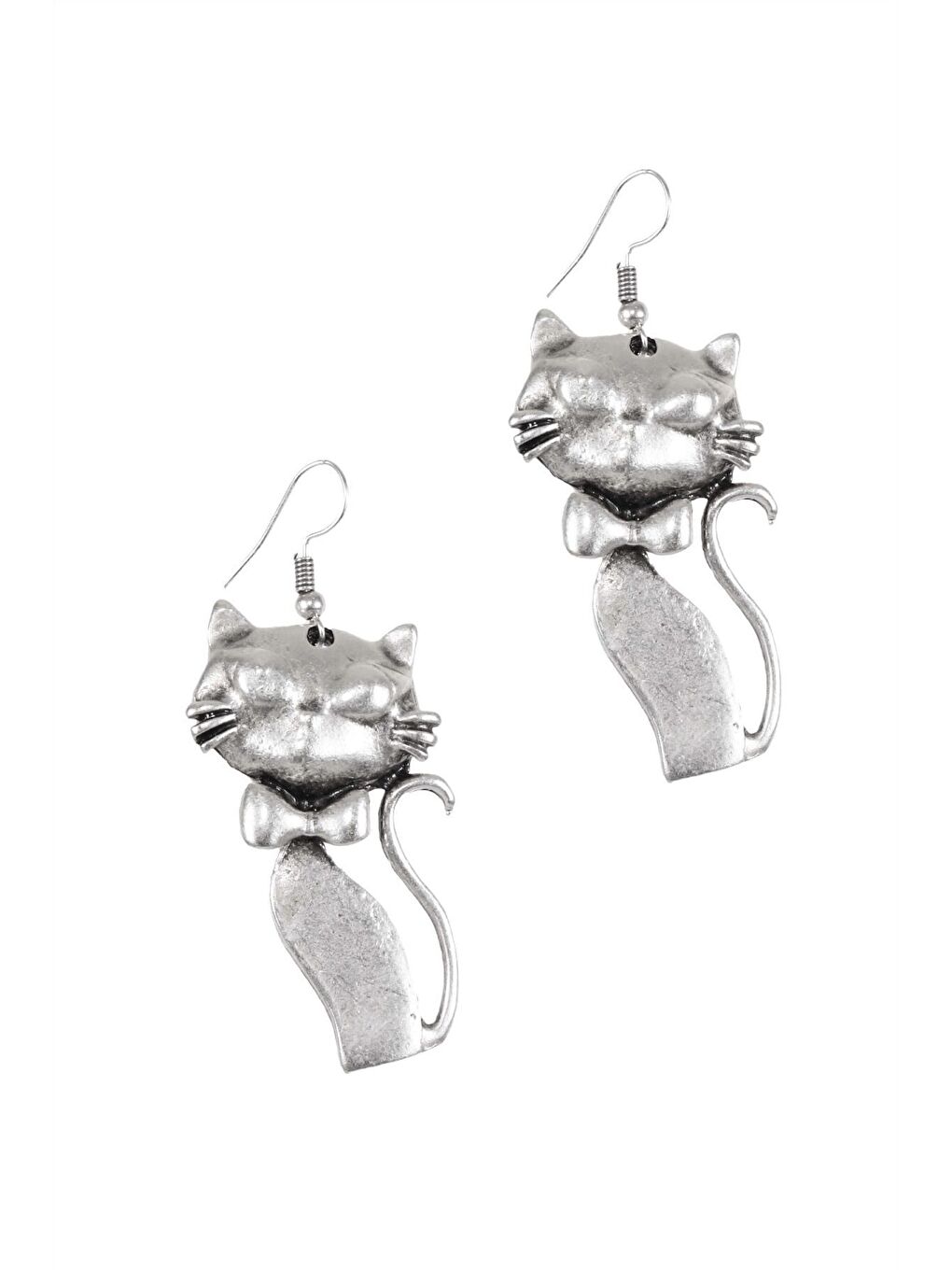 Gri Kadın Antik Gümüş Kaplama Sallantılı Model Kedi Formlu Küpe