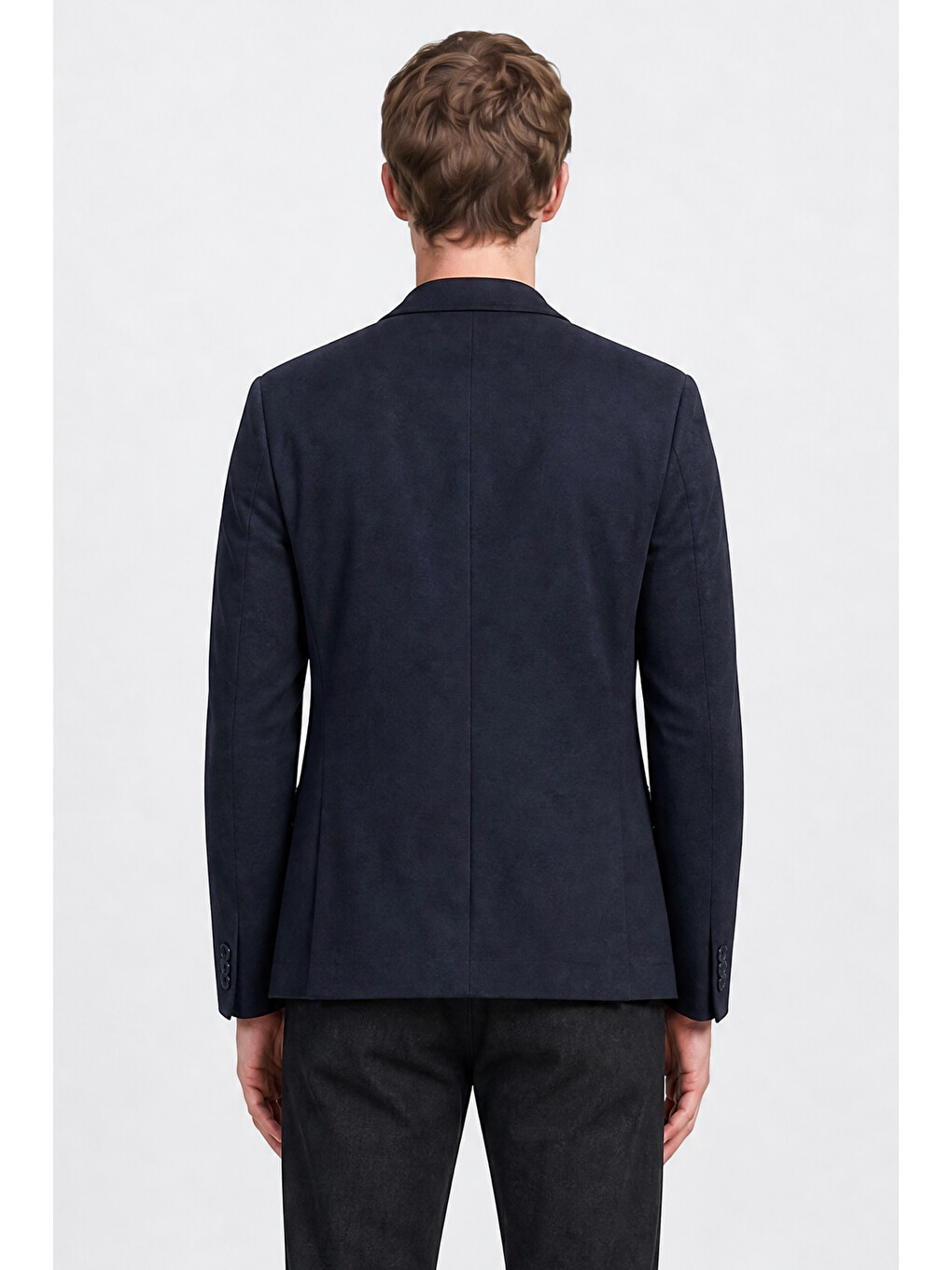 Erkek Lacivert Yünlü Slim Fit Dar Kesim Mono Yaka Torba Cepli Blazer Ceket-5