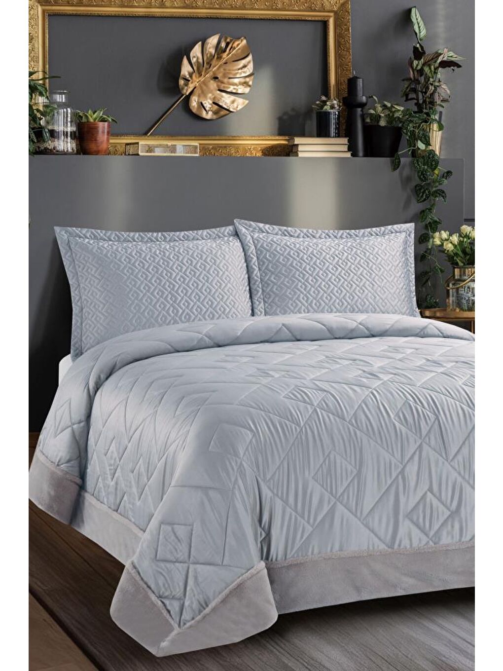 Maria İpek Saten Çift Kişilik Yatak Örtüsü Gri