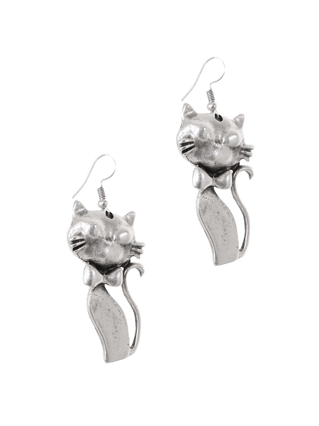 Gri Kadın Antik Gümüş Kaplama Sallantılı Model Kedi Formlu Küpe-1