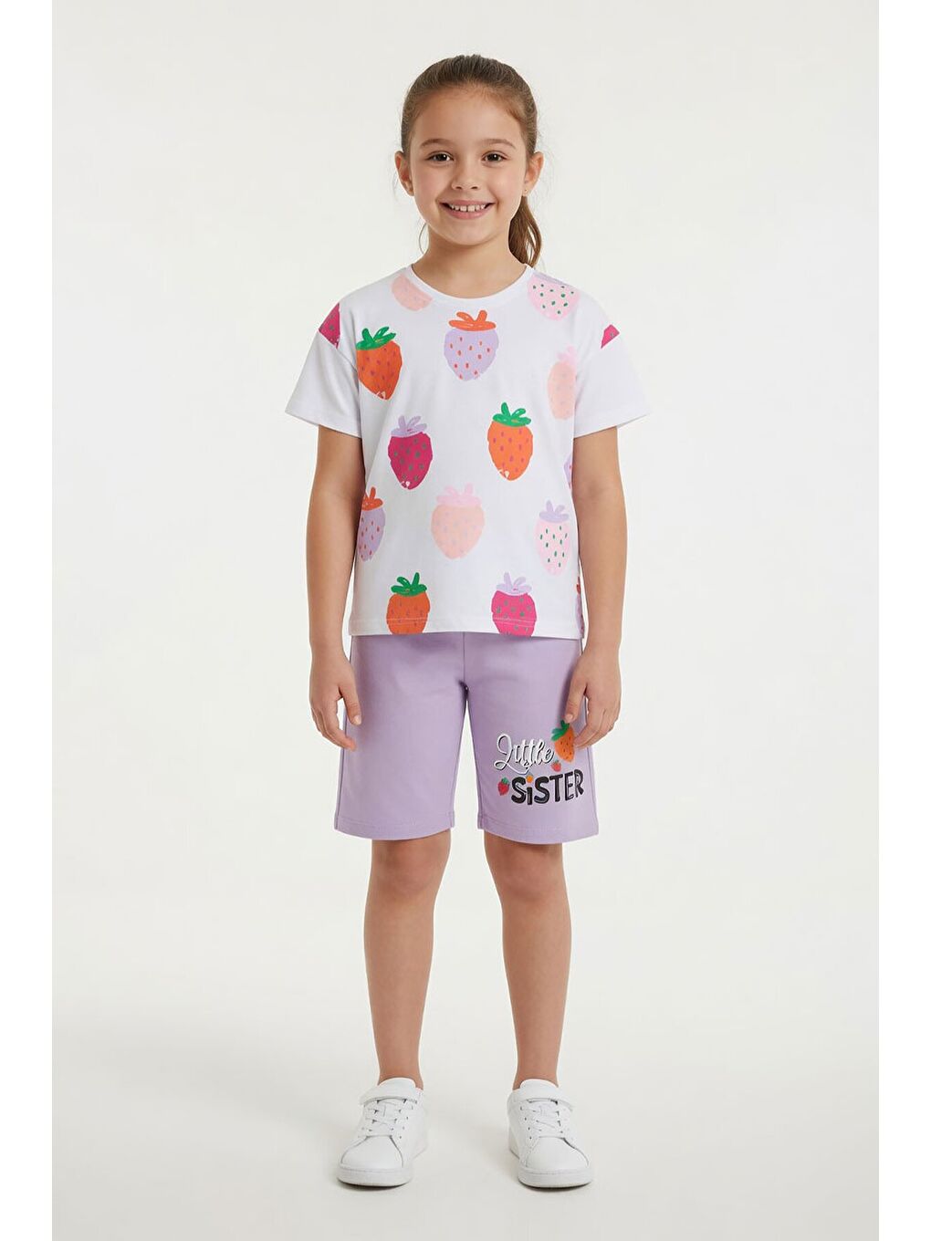 Lila Meyve Desenli Tişörtlü Kız Çocuk Şortlu Yazlık Takım 23828