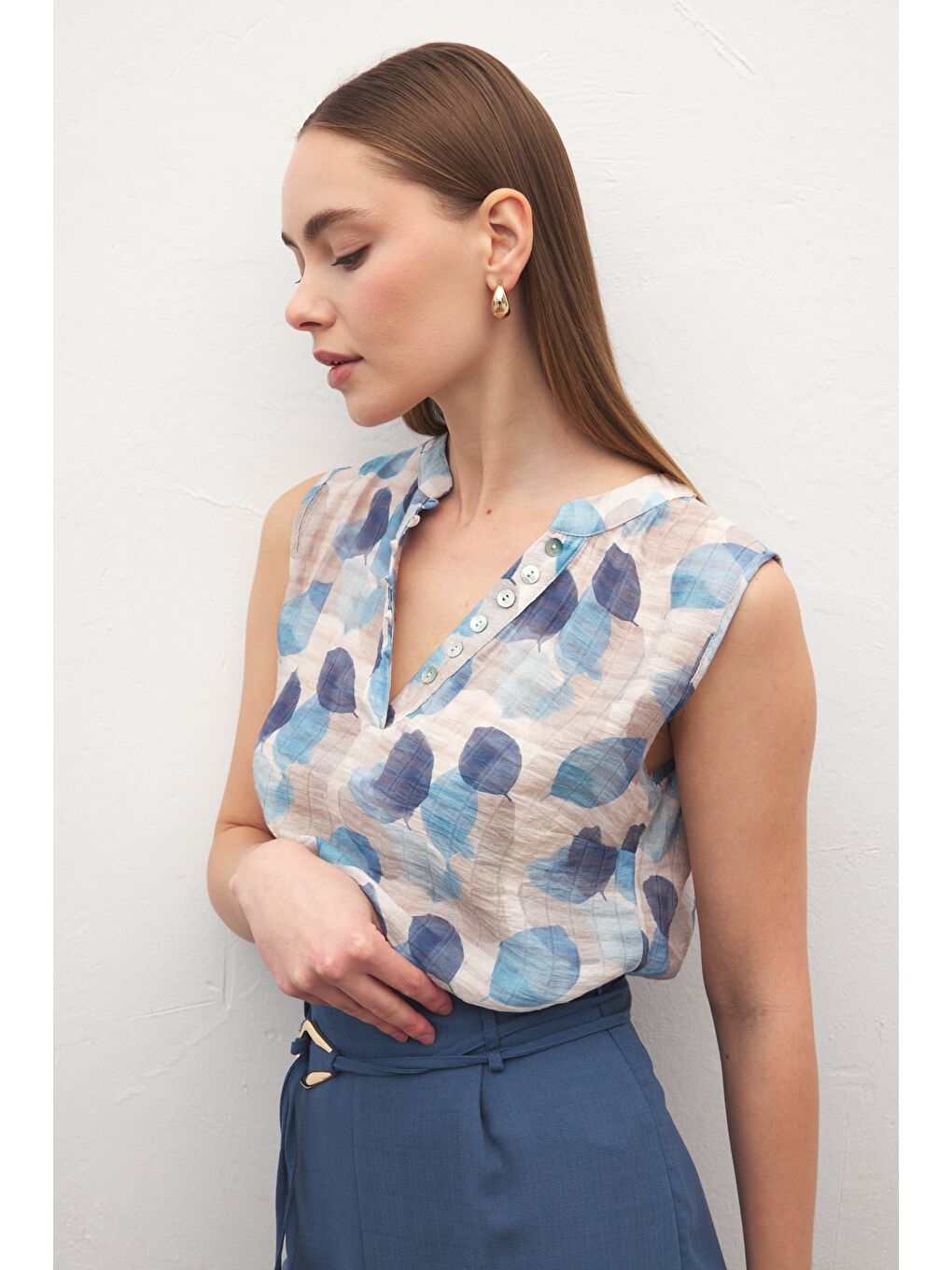 Kolsuz V Yaka Bluz - Mavi-5