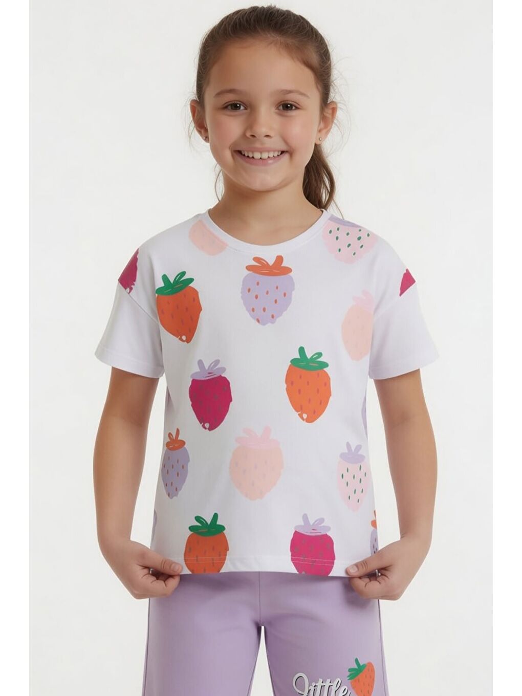 Lila Meyve Desenli Tişörtlü Kız Çocuk Şortlu Yazlık Takım 23828-1