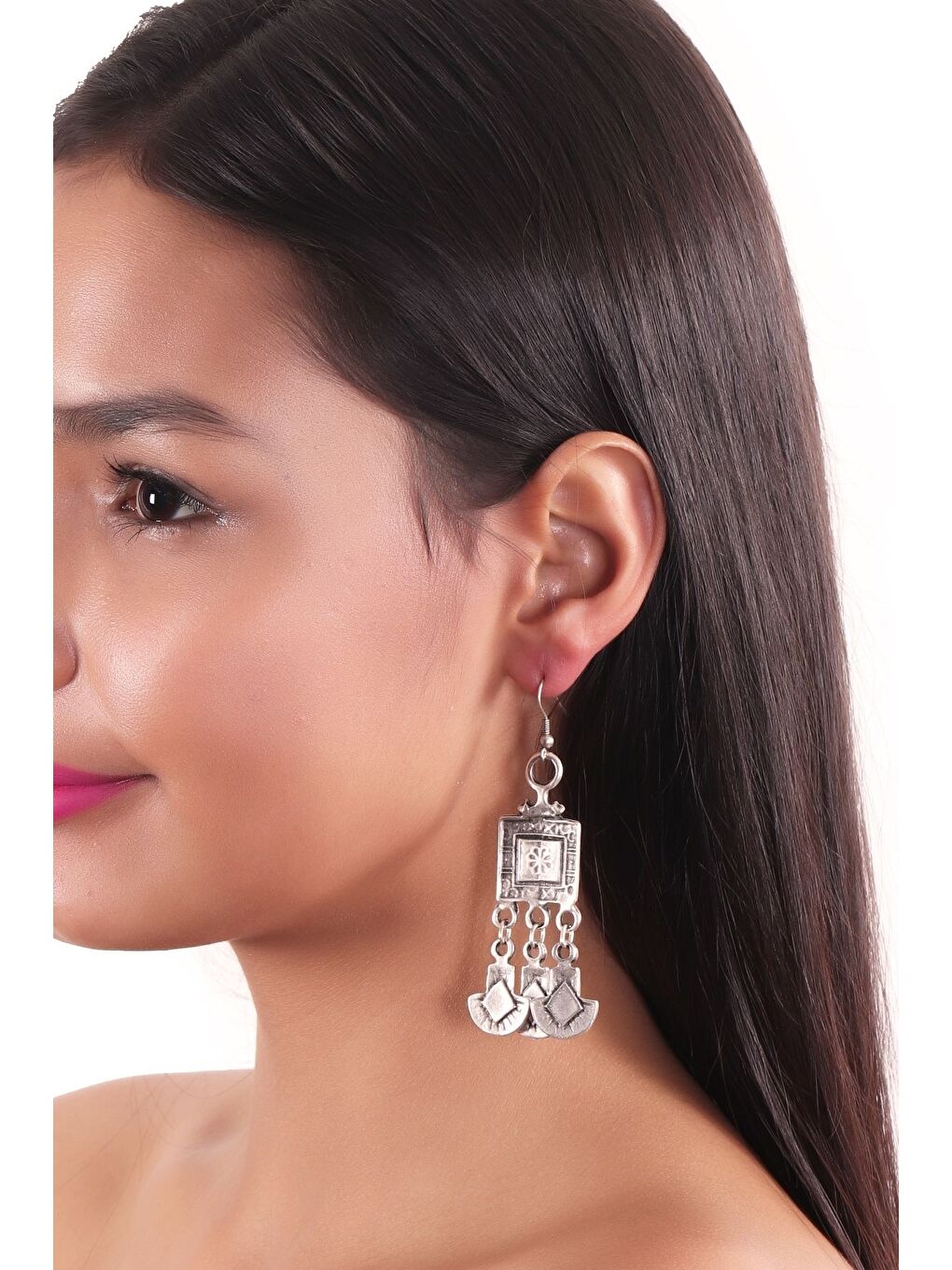 Gri Kadın Antik Gümüş Kaplama Sallantılı Küpe-3