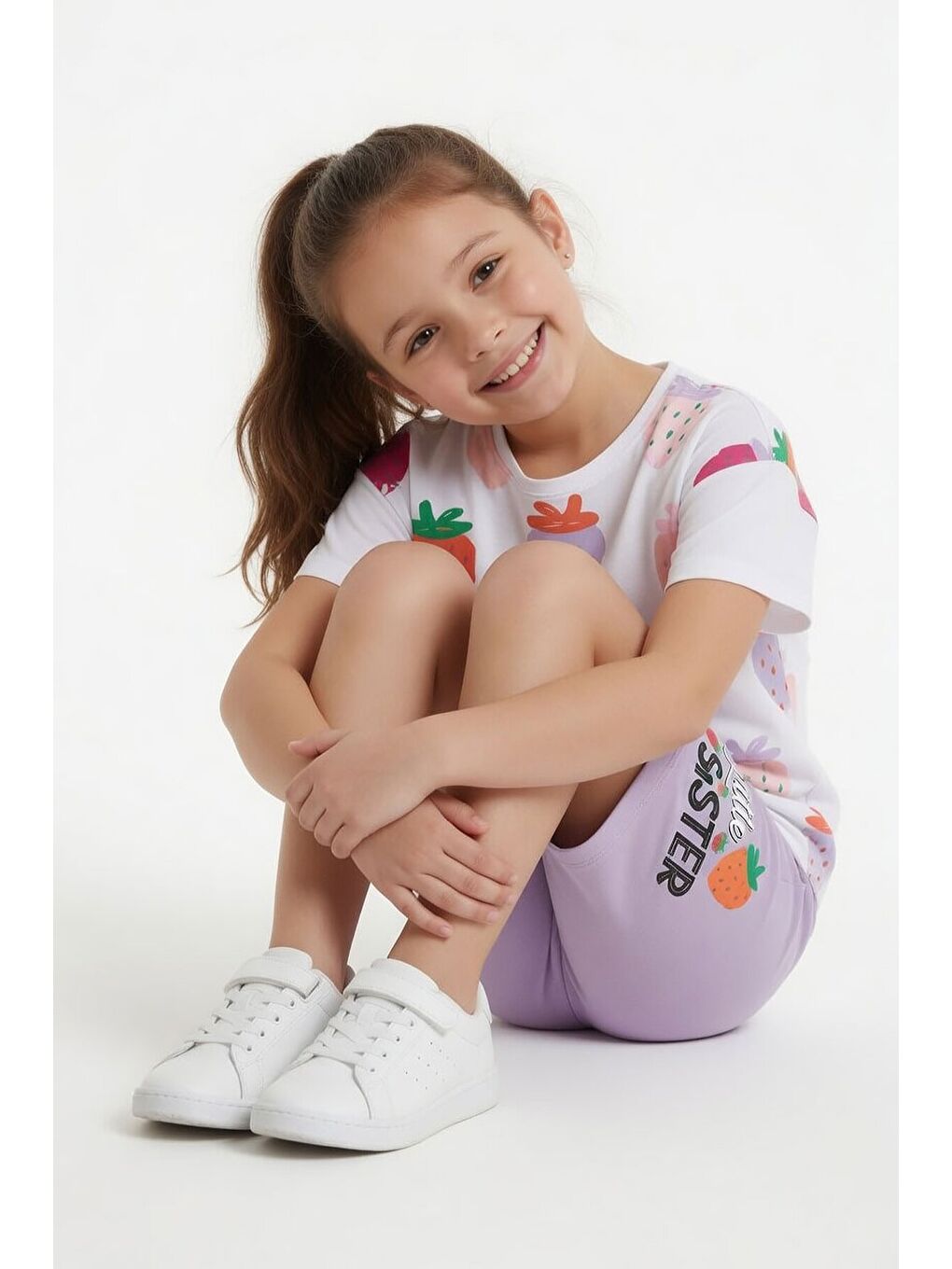 Lila Meyve Desenli Tişörtlü Kız Çocuk Şortlu Yazlık Takım 23828-3