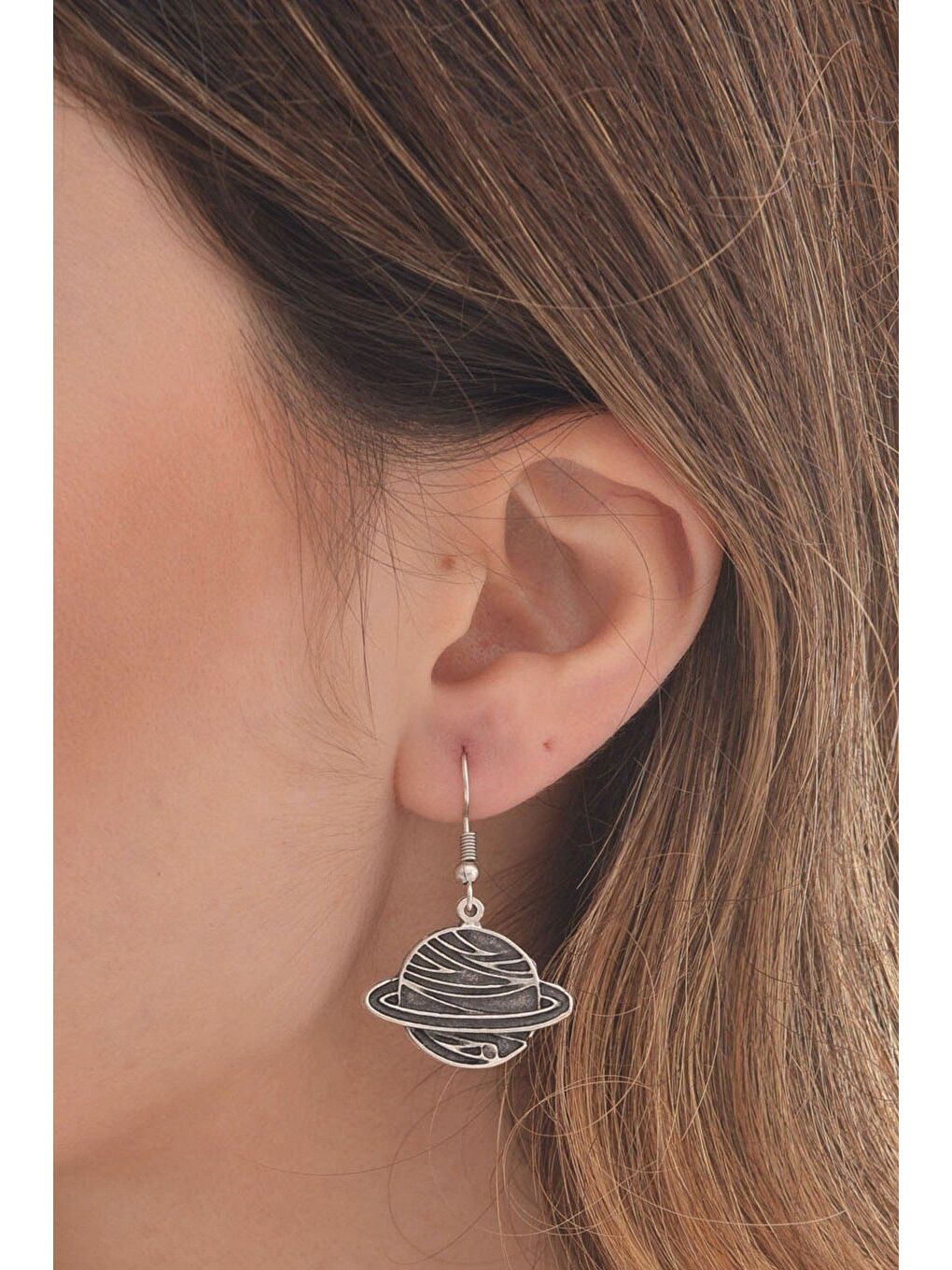 Karışık Kadın Antik Gümüş Kaplama Sallantılı Gezegen Saturn Küpe-1