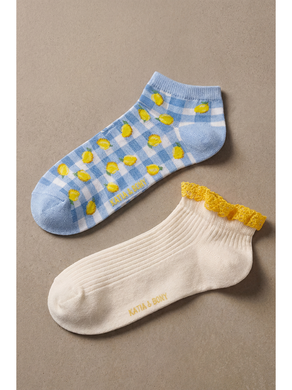 Sarı Kadın 2'Li Limon Desenli Step Çorap