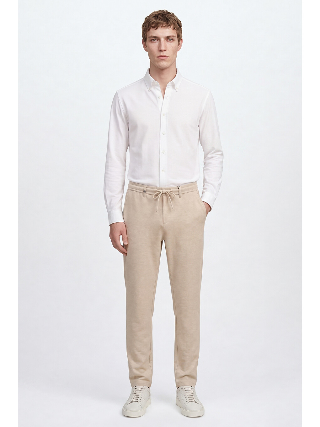 Erkek Bej 360 Her Yöne Esneyen Slim Fit Yan Cepli Diagonal Desenli Esnek Casual Pantolon-1