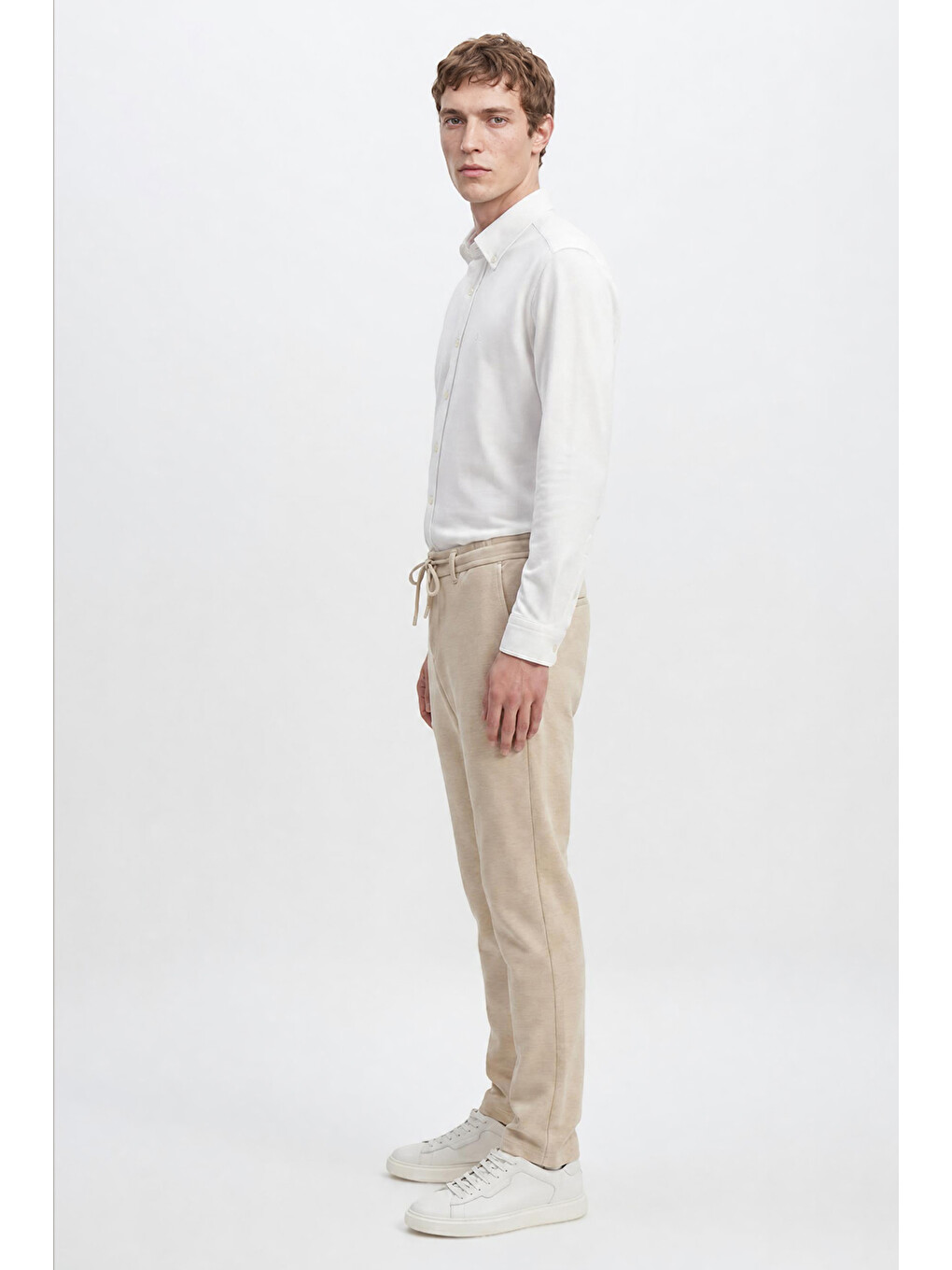Erkek Bej 360 Her Yöne Esneyen Slim Fit Yan Cepli Diagonal Desenli Esnek Casual Pantolon-2