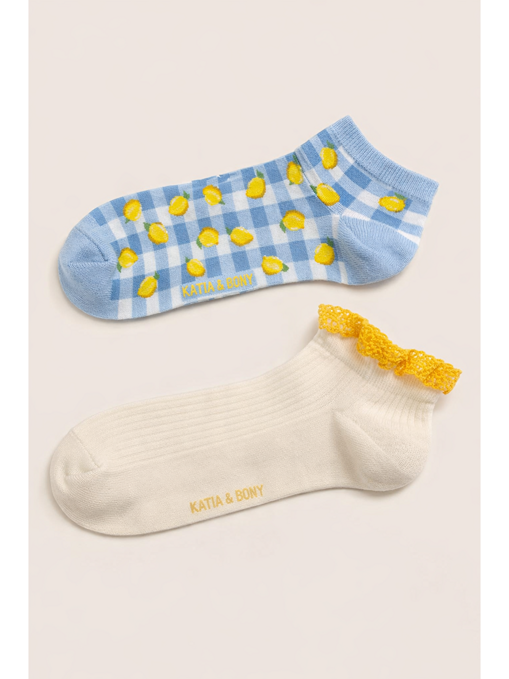 Sarı Kadın 2'Li Limon Desenli Step Çorap-1