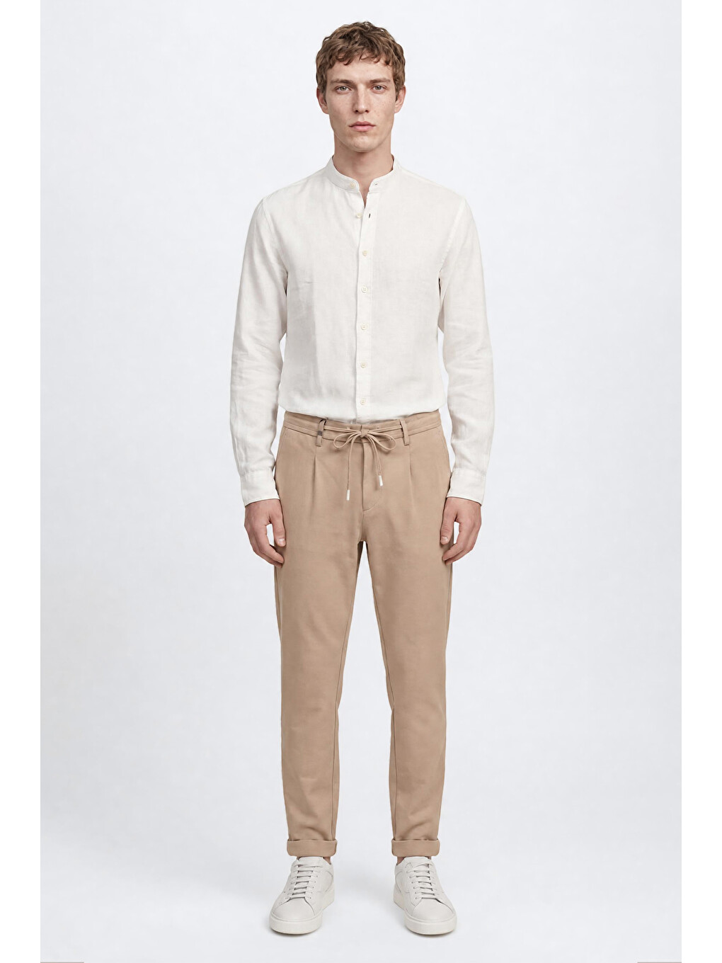 Bej Erkek Vizon 360 Her Yöne Esneyen Pamuklu Slim Fit Dar Kesim Beli Bağlamalı Yan Cepli Casual Pantolo-