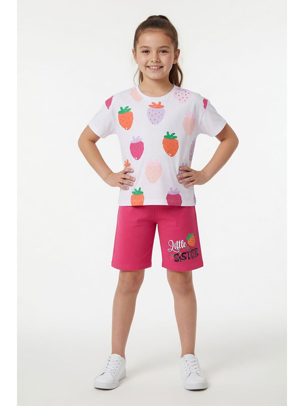 Fuşya Meyve Desenli Tişörtlü Kız Çocuk Şortlu Yazlık Takım 23850