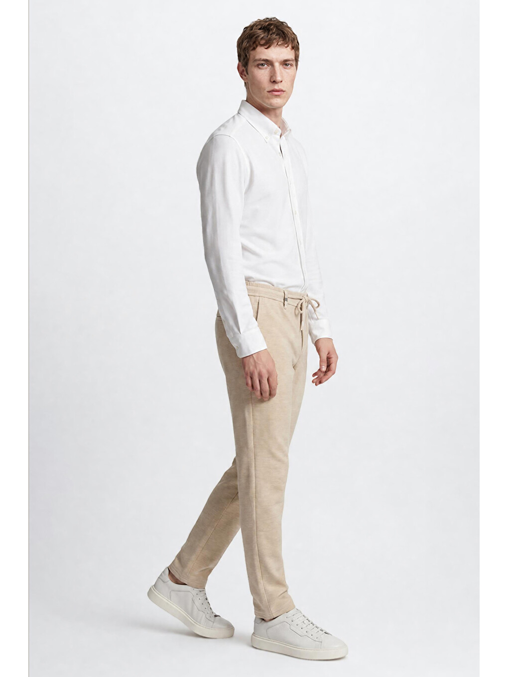 Erkek Bej 360 Her Yöne Esneyen Slim Fit Yan Cepli Diagonal Desenli Esnek Casual Pantolon-3
