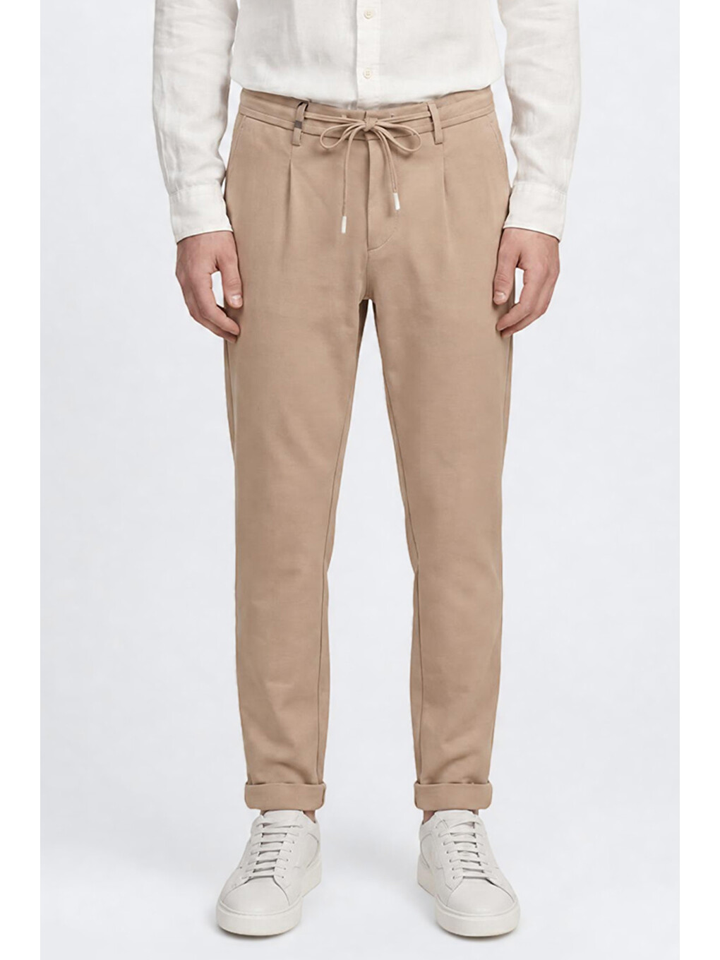 Bej Erkek Vizon 360 Her Yöne Esneyen Pamuklu Slim Fit Dar Kesim Beli Bağlamalı Yan Cepli Casual Pantolo--1