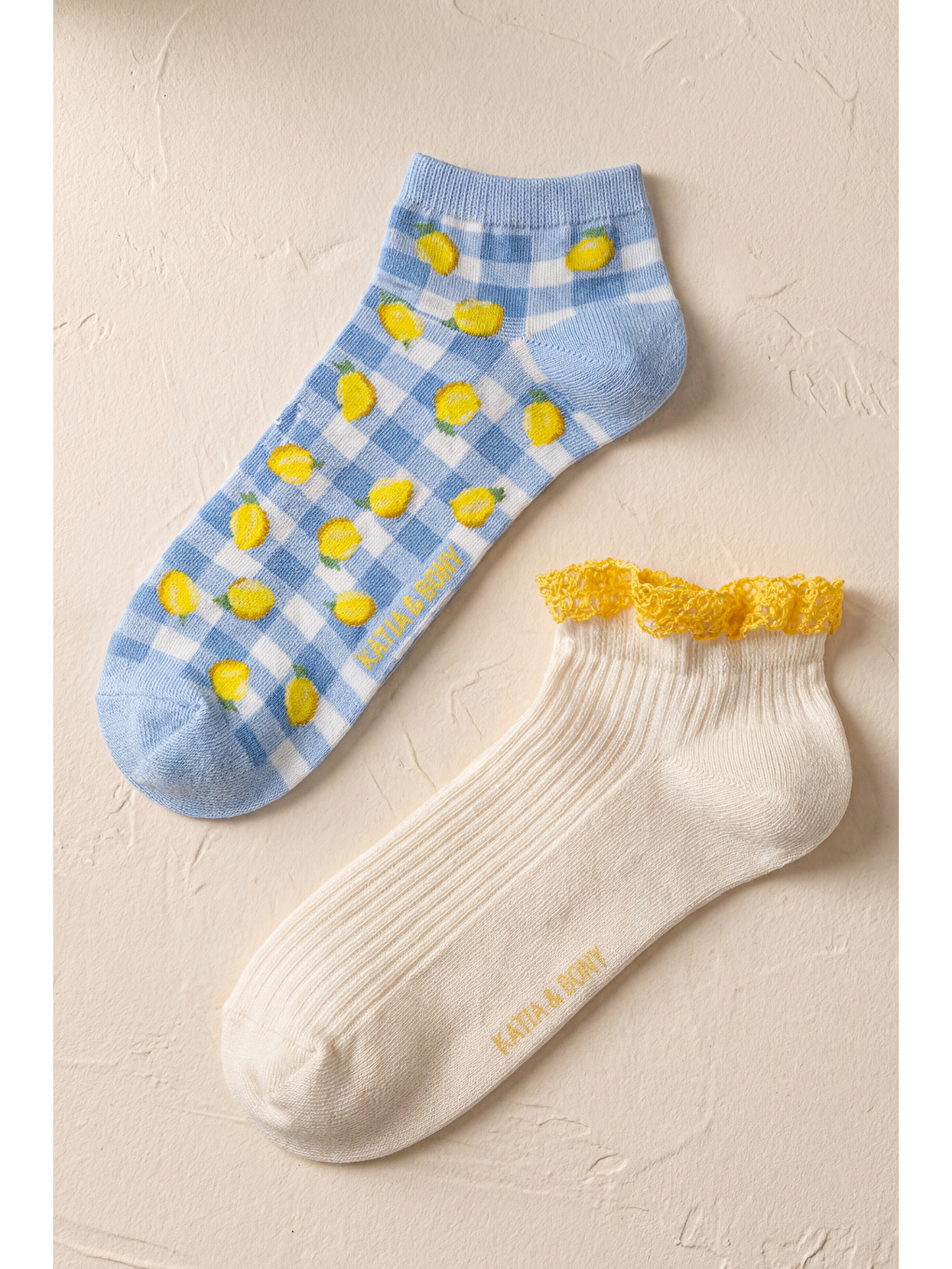 Sarı Kadın 2'Li Limon Desenli Step Çorap-2