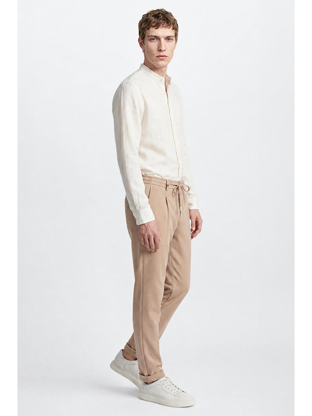Bej Erkek Vizon 360 Her Yöne Esneyen Pamuklu Slim Fit Dar Kesim Beli Bağlamalı Yan Cepli Casual Pantolo--3