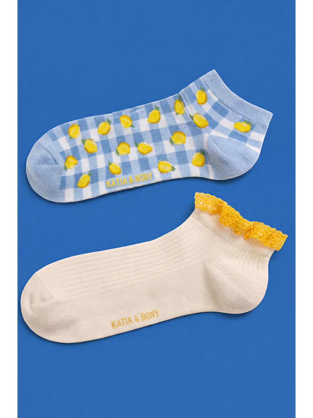 Sarı Kadın 2'Li Limon Desenli Step Çorap-4