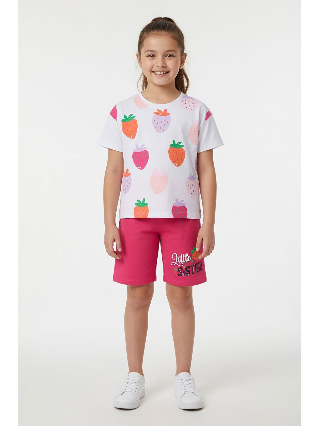 Fuşya Meyve Desenli Tişörtlü Kız Çocuk Şortlu Yazlık Takım 23850-2