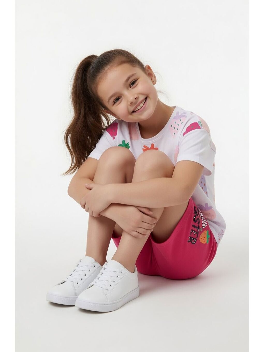 Fuşya Meyve Desenli Tişörtlü Kız Çocuk Şortlu Yazlık Takım 23850-3