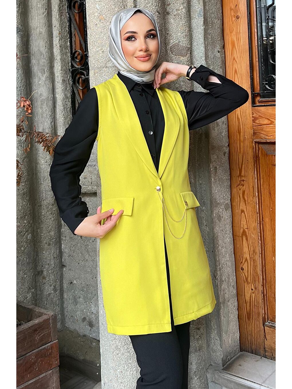 Julude Zeytin Yeşili Sahte Cep Detaylı Blazer Tesettür Yelek - 1