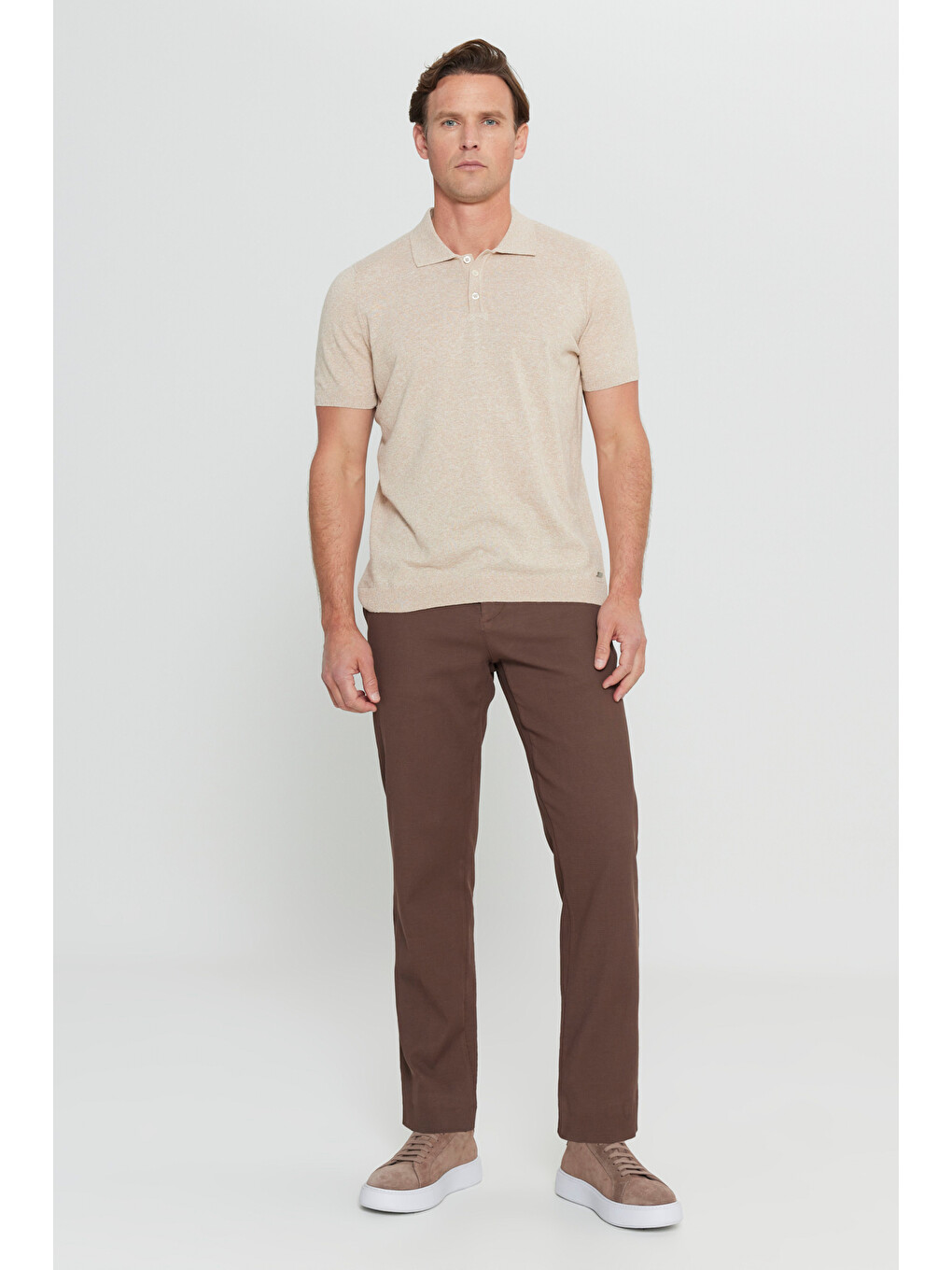 Erkek Bej Pamuklu Keten Standart Fit Normal Kesim Polo Yaka Triko Tişört-1