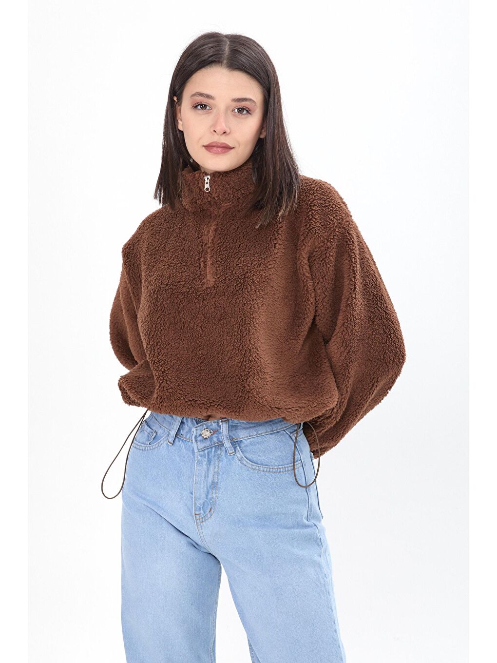 Kahverengi Dik Yaka Kadın Pelüş Sweatshirt - 24001