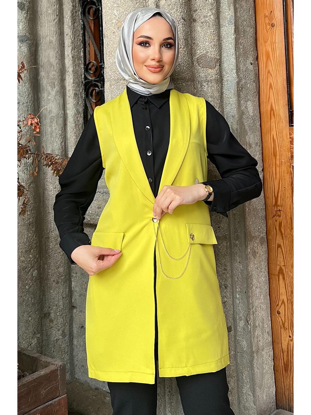 Julude Zeytin Yeşili Sahte Cep Detaylı Blazer Tesettür Yelek - 2