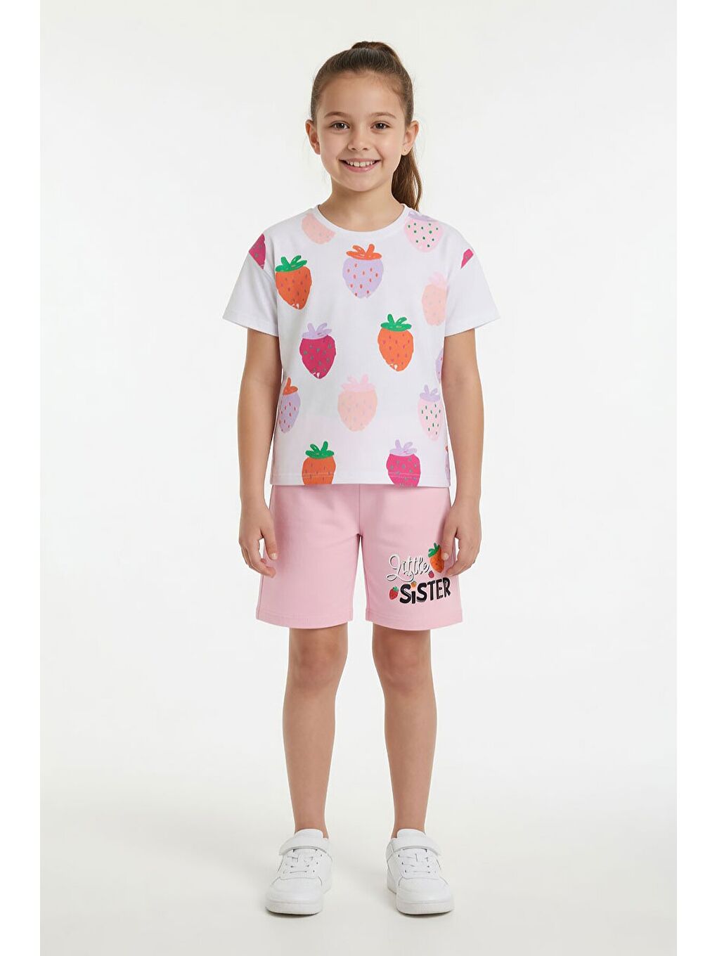 Pembe Meyve Desenli Tişörtlü Kız Çocuk Şortlu Yazlık Takım 23861