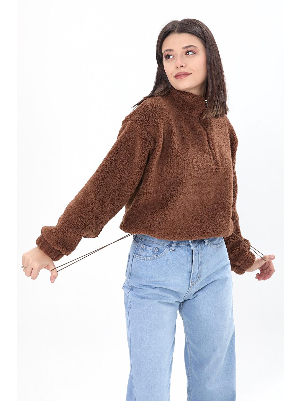 Kahverengi Dik Yaka Kadın Pelüş Sweatshirt - 24001-1
