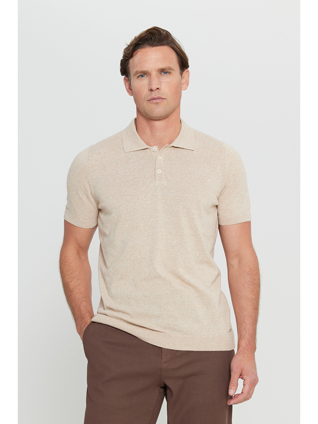 Erkek Bej Pamuklu Keten Standart Fit Normal Kesim Polo Yaka Triko Tişört-2