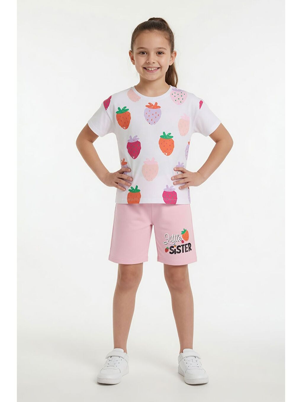 Pembe Meyve Desenli Tişörtlü Kız Çocuk Şortlu Yazlık Takım 23861-1