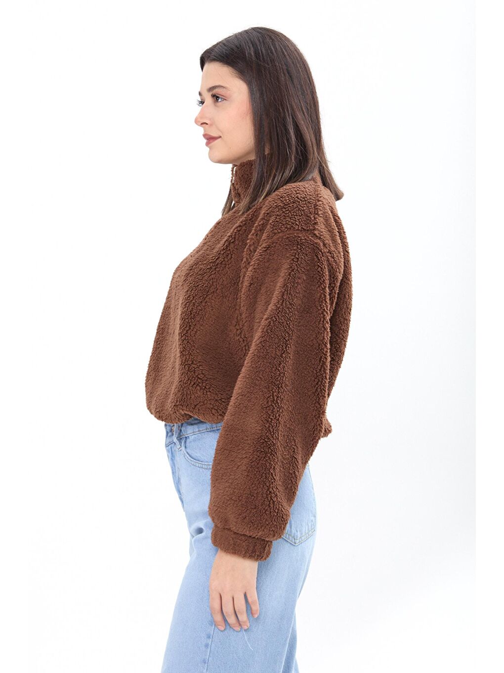 Kahverengi Dik Yaka Kadın Pelüş Sweatshirt - 24001-2