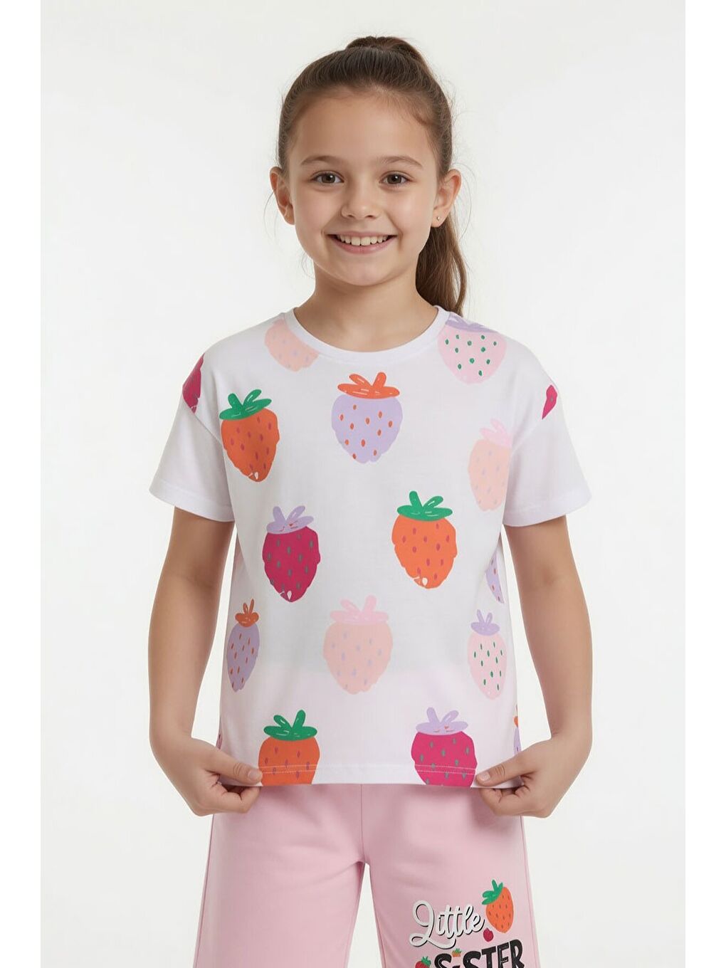 Pembe Meyve Desenli Tişörtlü Kız Çocuk Şortlu Yazlık Takım 23861-2