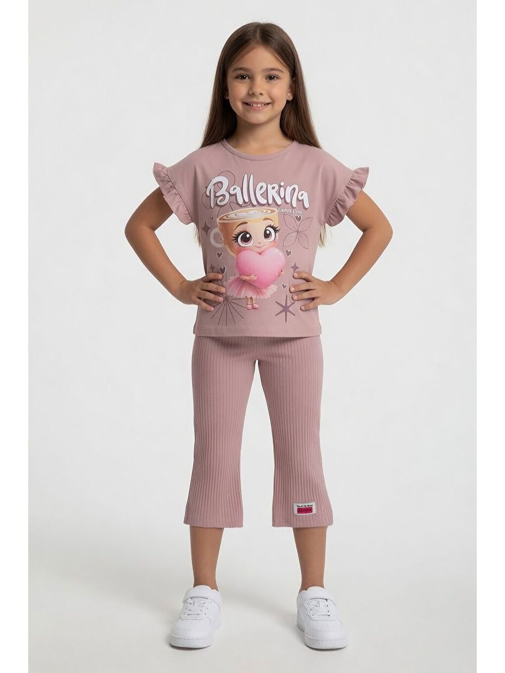Pembe Gül Kurusu Karakter Baskılı Tişörtlü Fitilli Pantolonlu Kız Çocuk 2li Takım 23831
