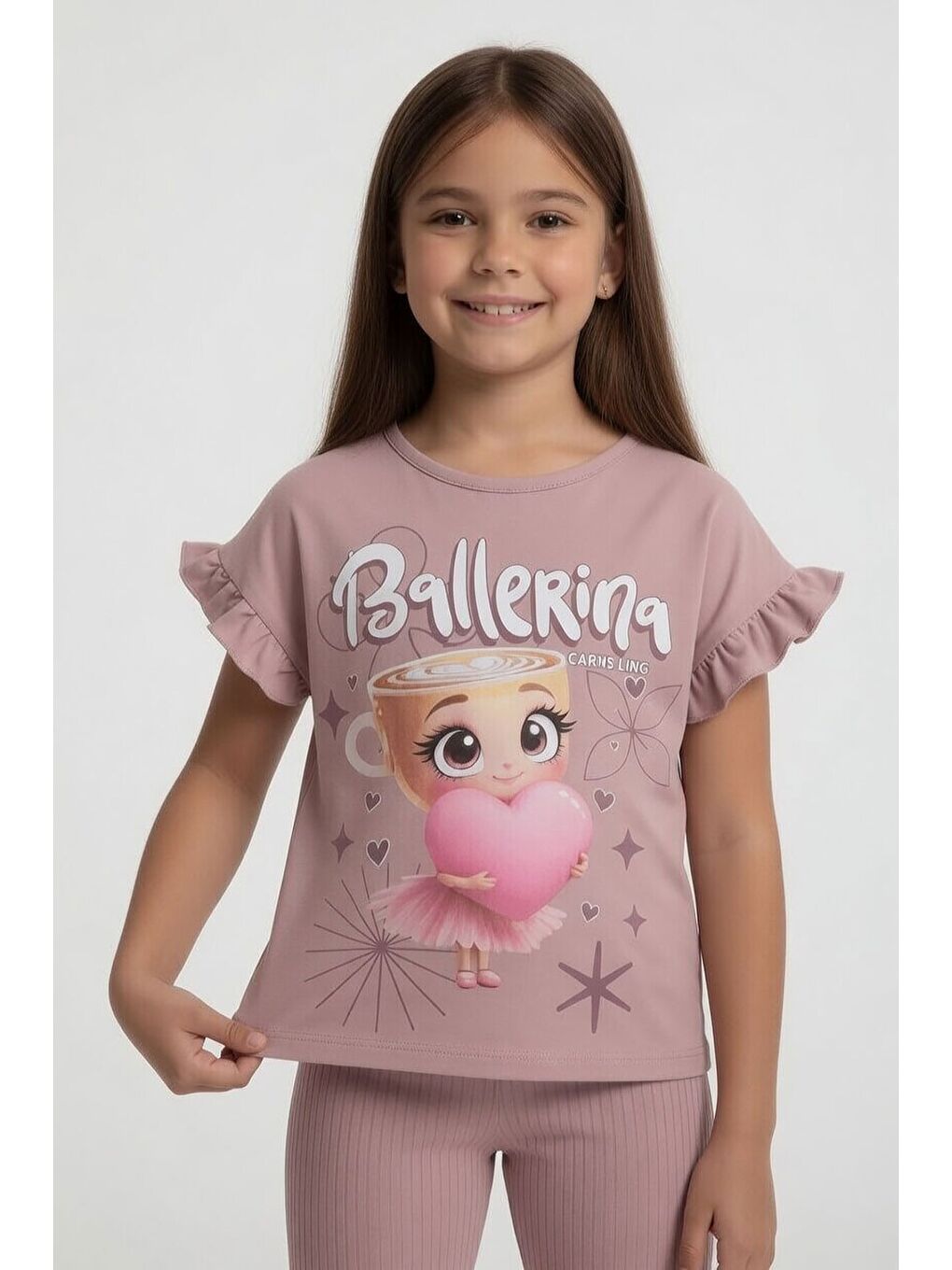 Pembe Gül Kurusu Karakter Baskılı Tişörtlü Fitilli Pantolonlu Kız Çocuk 2li Takım 23831-1