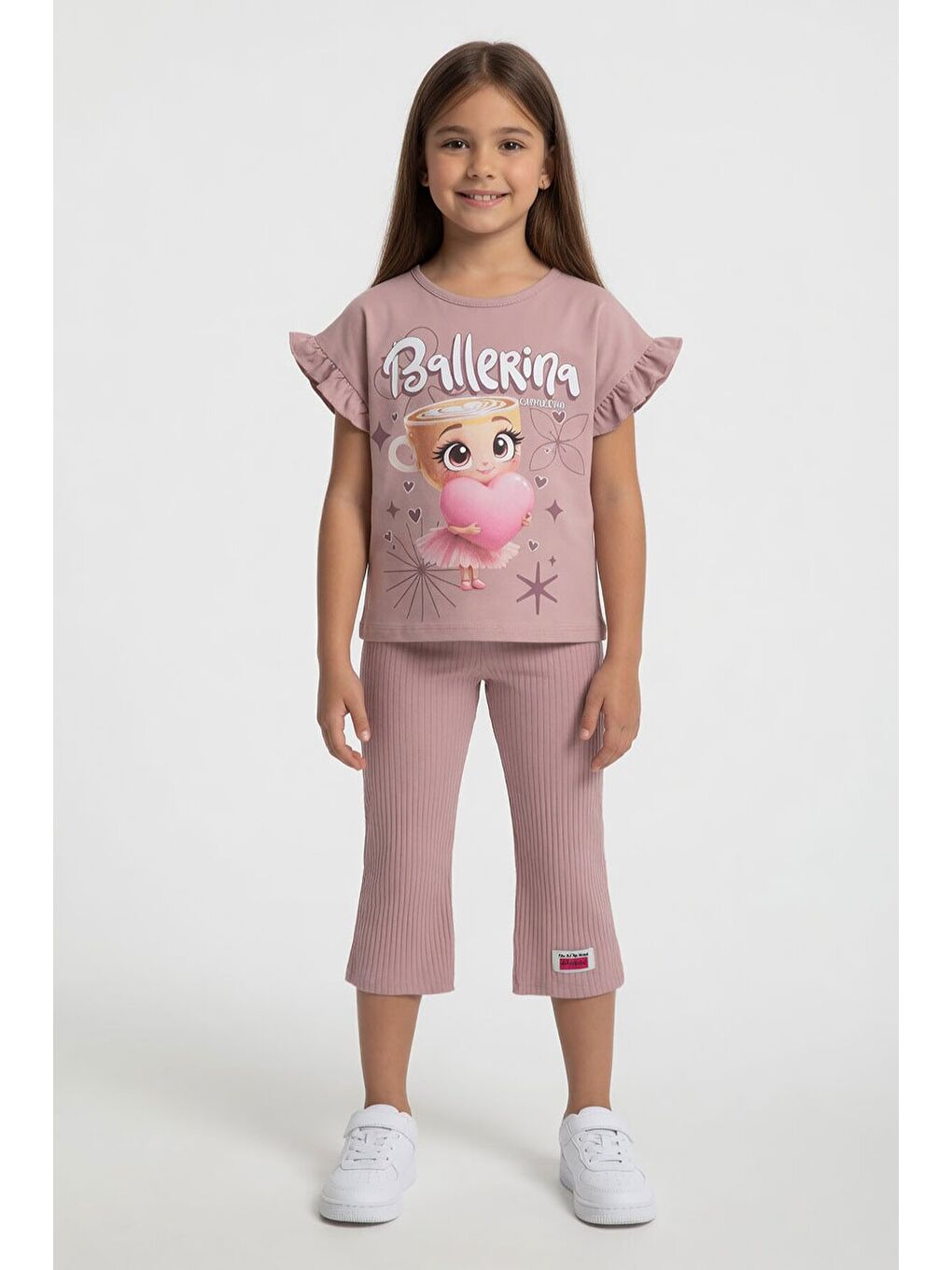 Pembe Gül Kurusu Karakter Baskılı Tişörtlü Fitilli Pantolonlu Kız Çocuk 2li Takım 23831-2