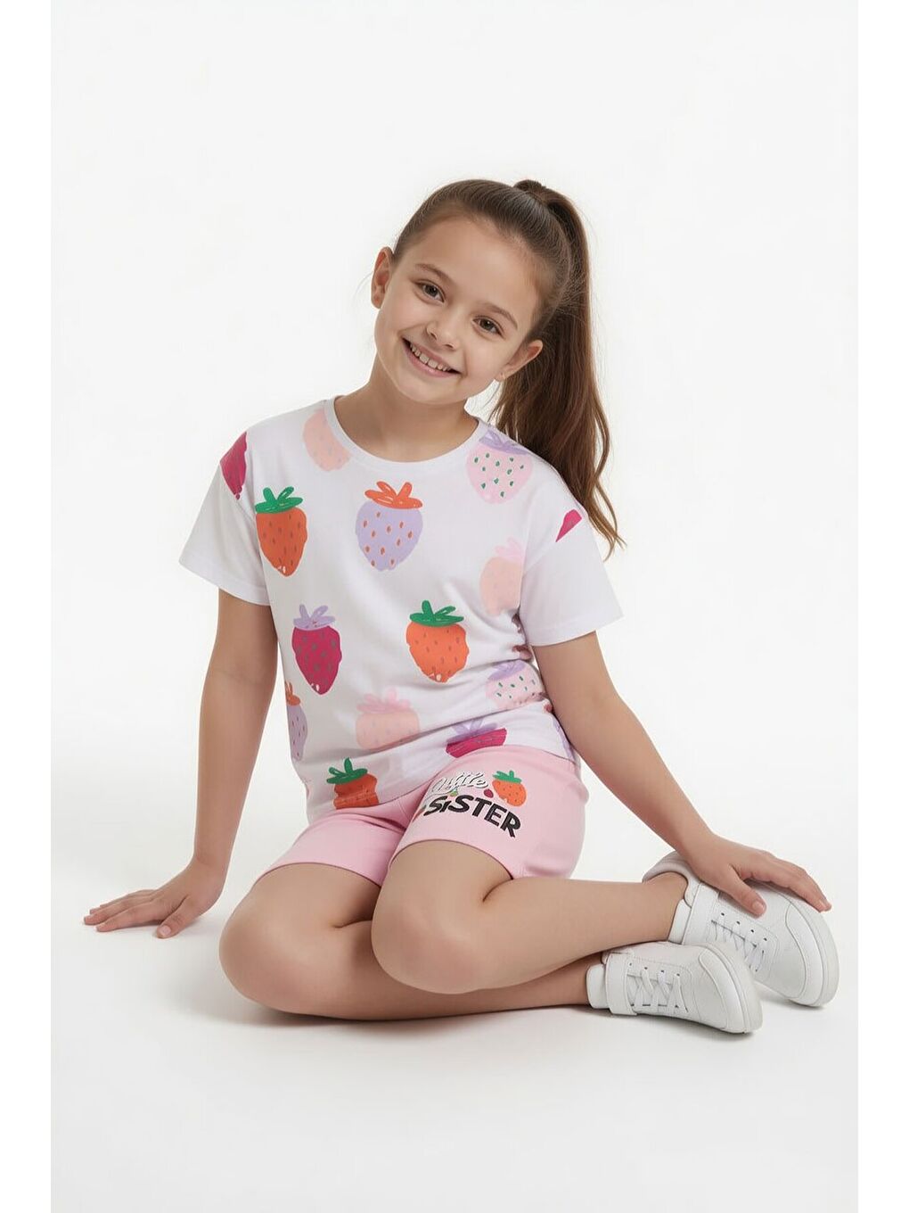 Pembe Meyve Desenli Tişörtlü Kız Çocuk Şortlu Yazlık Takım 23861-3