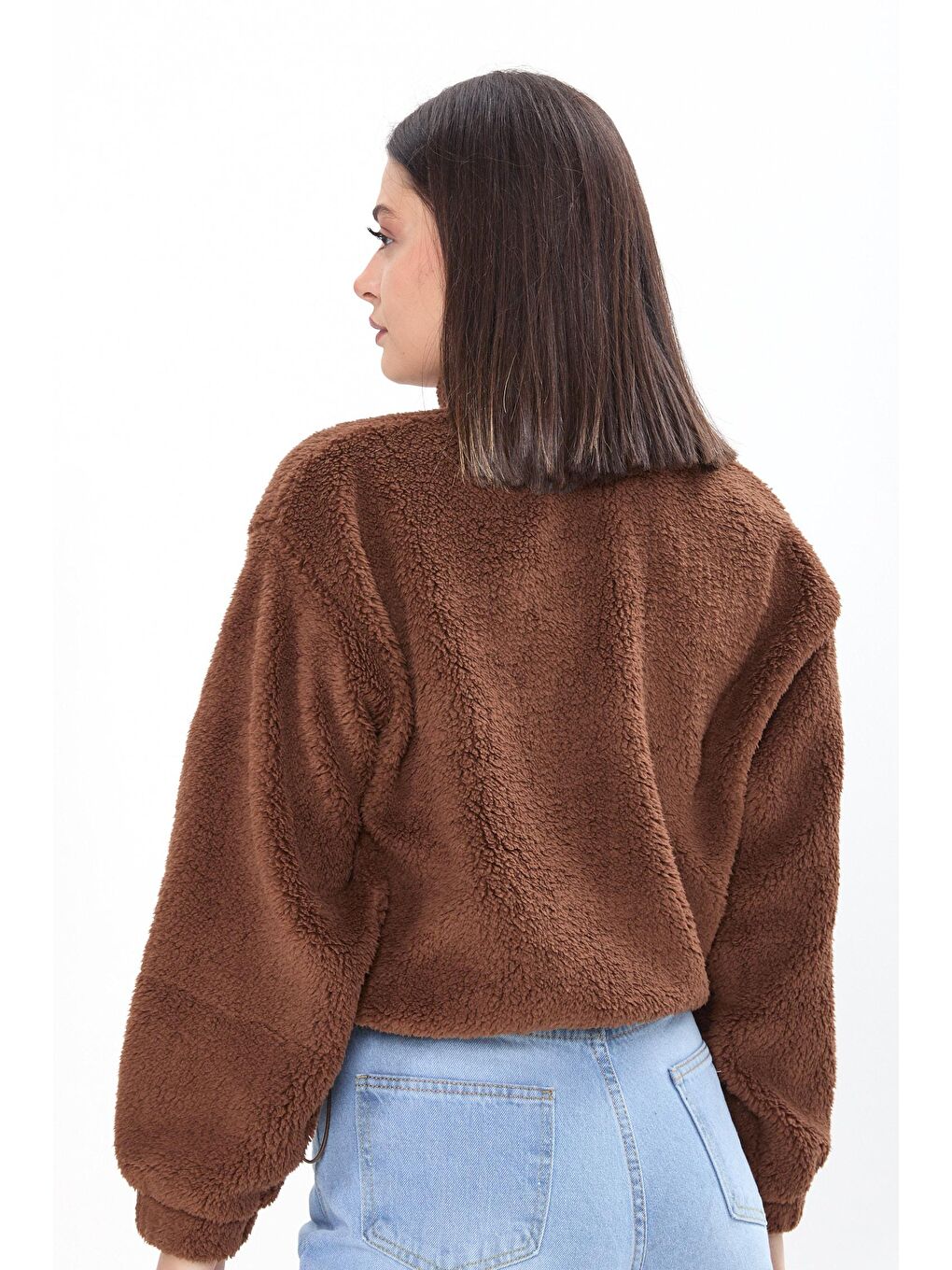 Kahverengi Dik Yaka Kadın Pelüş Sweatshirt - 24001-3