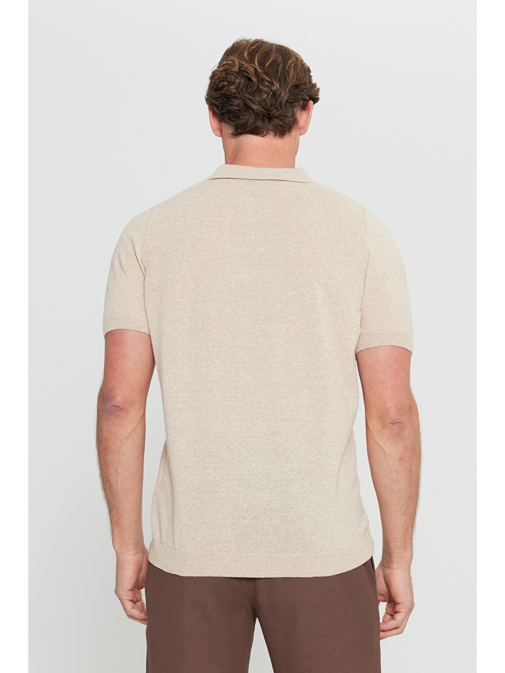 Erkek Bej Pamuklu Keten Standart Fit Normal Kesim Polo Yaka Triko Tişört-4
