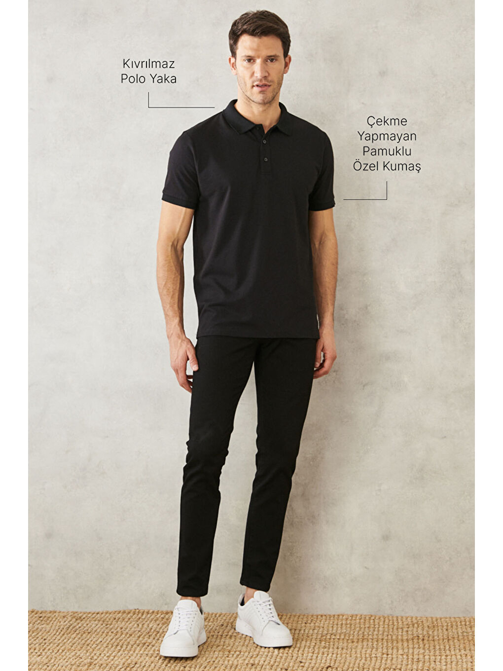 Erkek Siyah-Siyah Slim Fit Dar Kesim Kıvrılmaz Polo Yaka Kısa Kollu Tişört-1