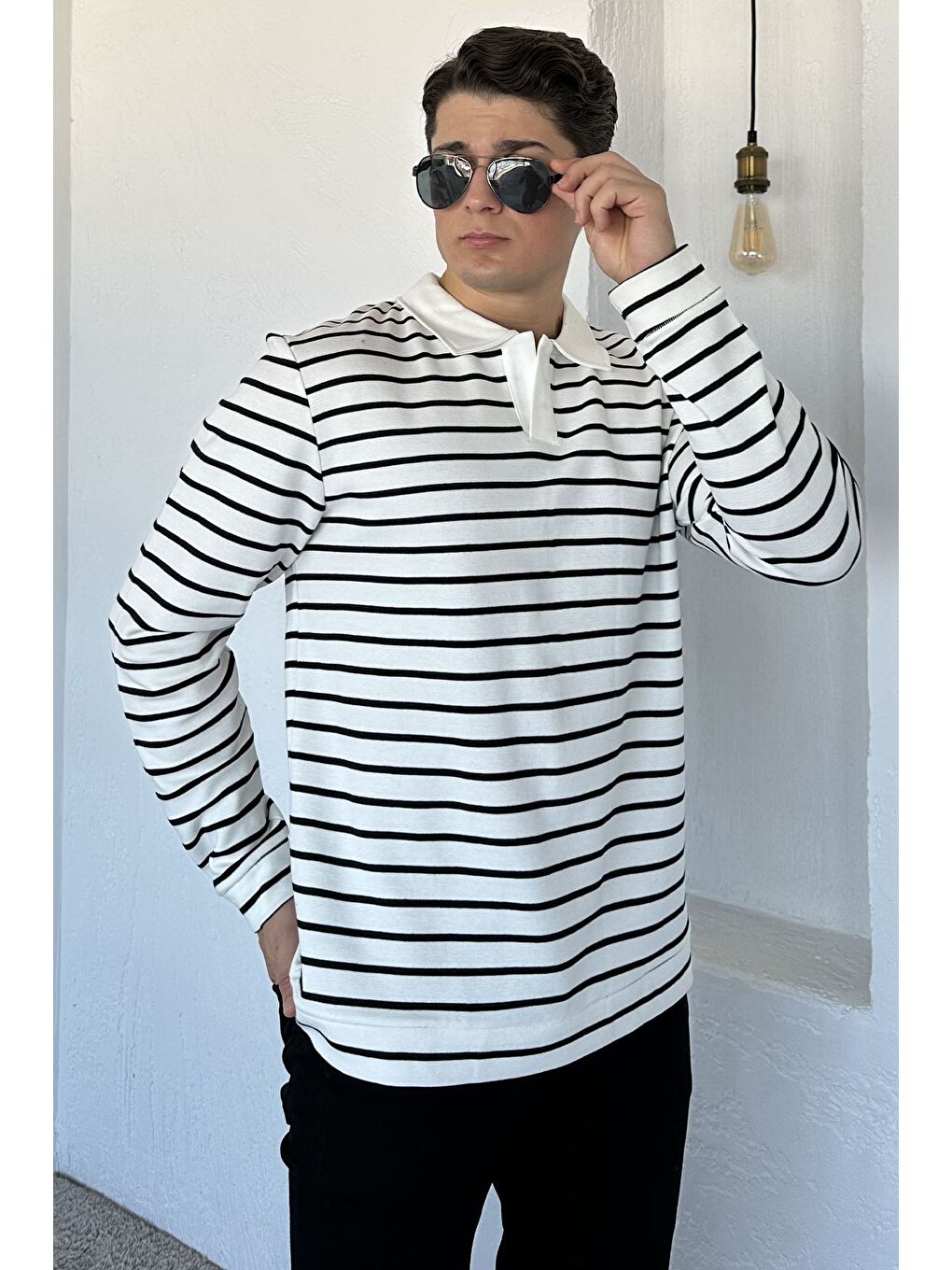 Ekru Gömlek Yaka Çizgili Erkek Sweatshirt