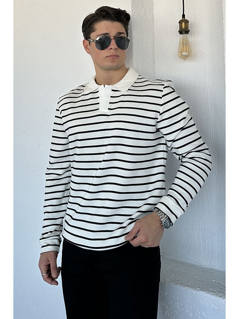 Ekru Gömlek Yaka Çizgili Erkek Sweatshirt-1