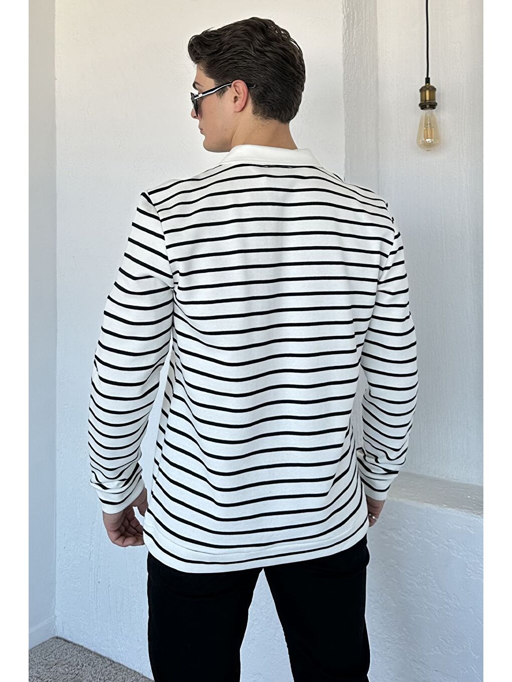Ekru Gömlek Yaka Çizgili Erkek Sweatshirt-2