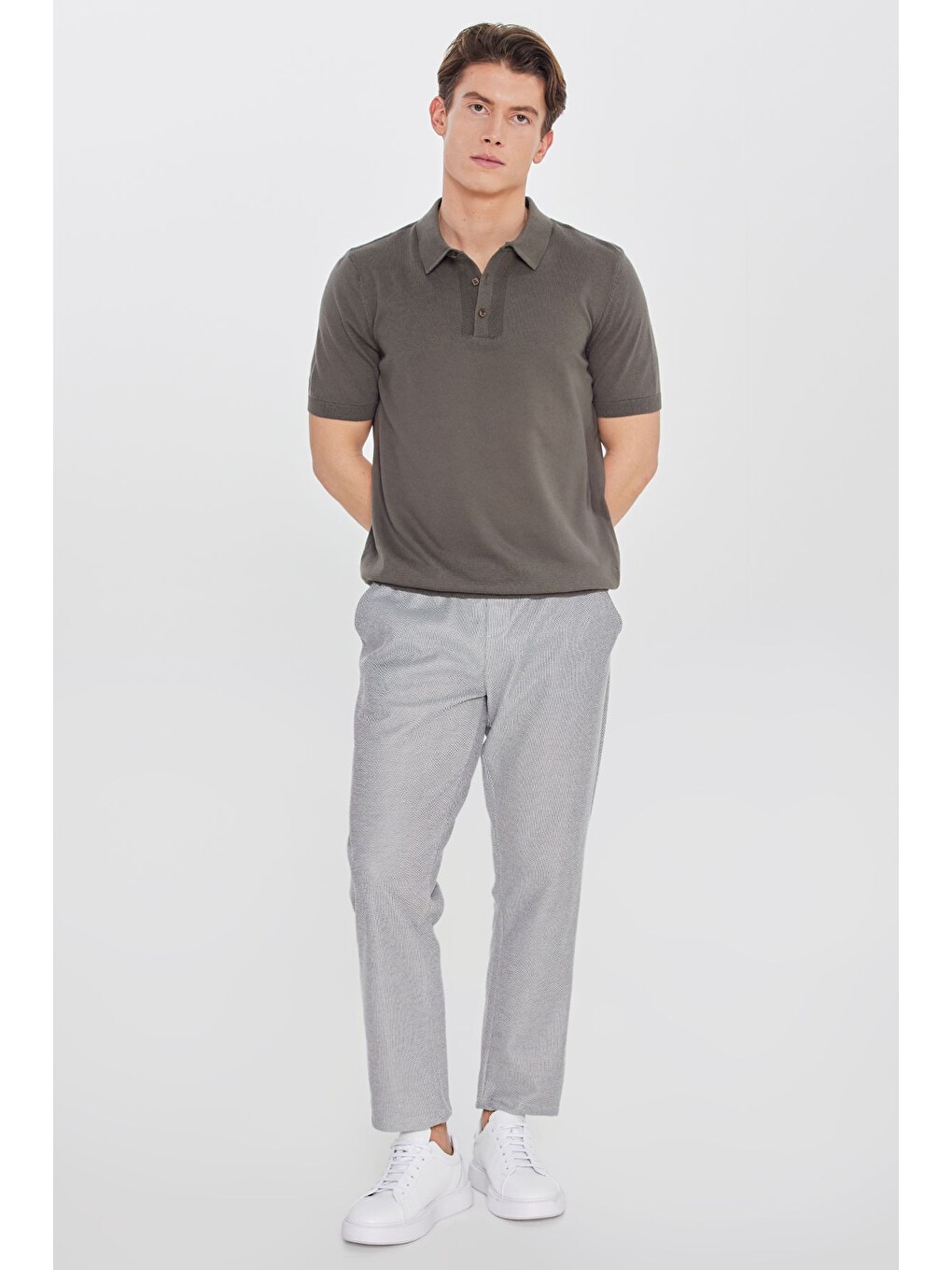 Erkek Haki %100 Pamuk Standart Fit Normal Kesim Polo Yaka Triko Tişört-1