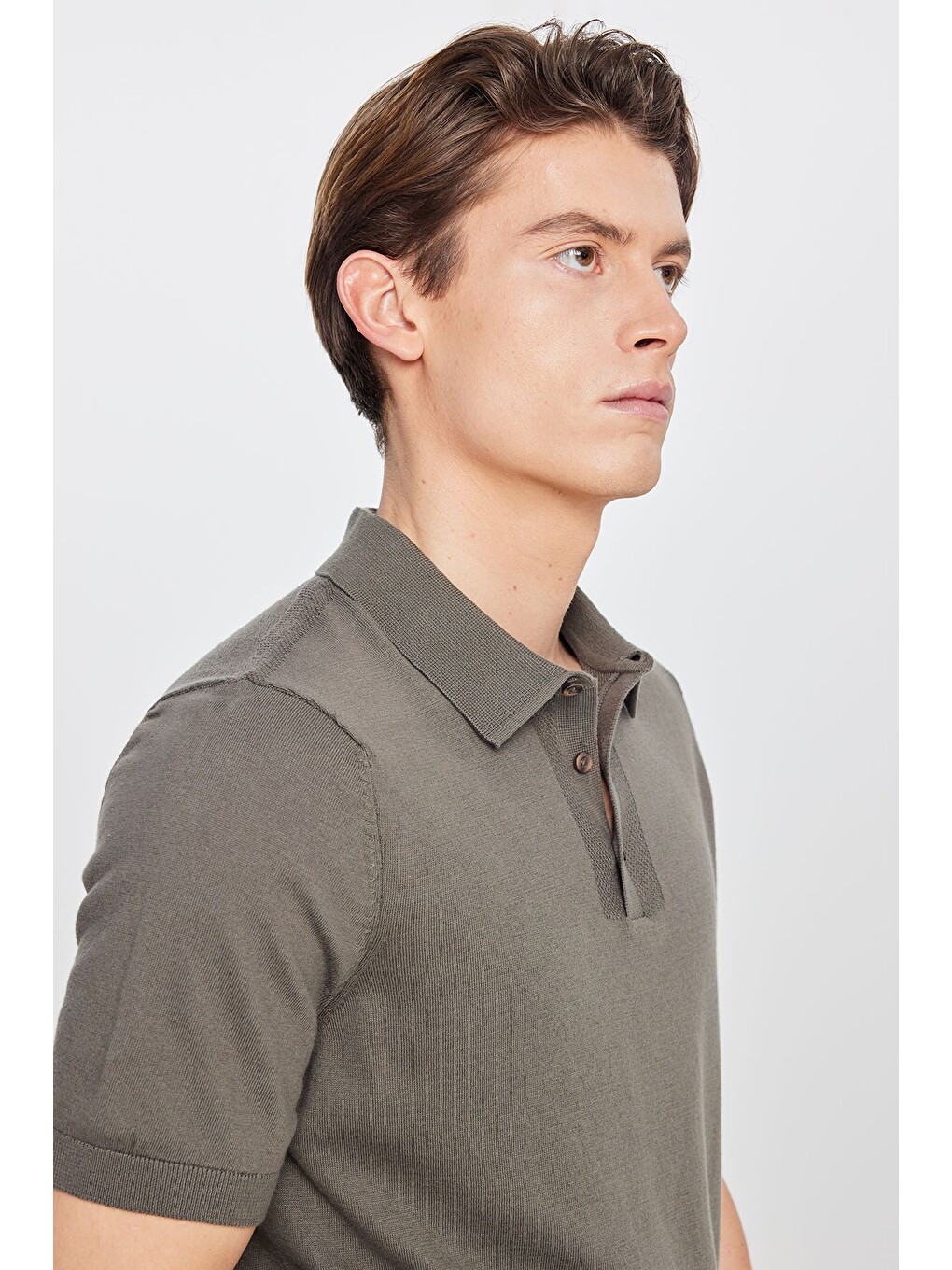 Erkek Haki %100 Pamuk Standart Fit Normal Kesim Polo Yaka Triko Tişört-3