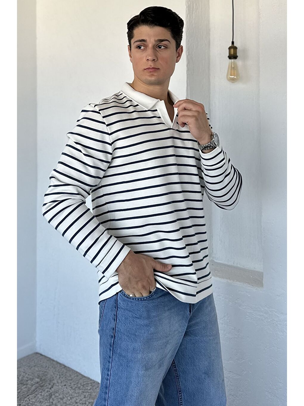 Ekru Gömlek Yaka Çizgili Erkek Sweatshirt