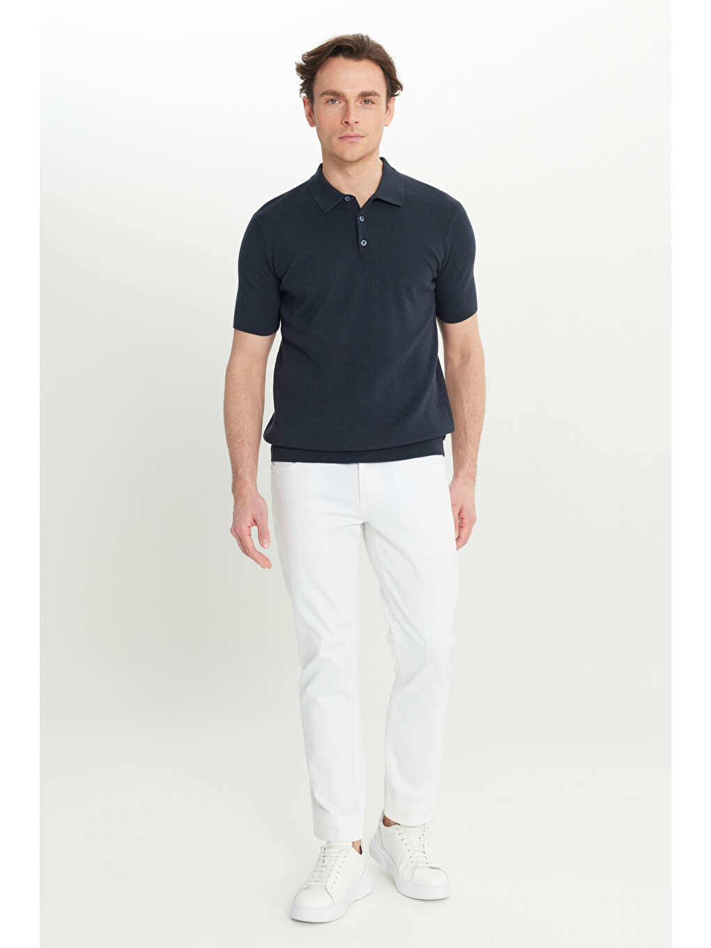 Erkek Lacivert %100 Pamuk Standart Fit Polo Yaka Jakarlı Triko Tişört-1