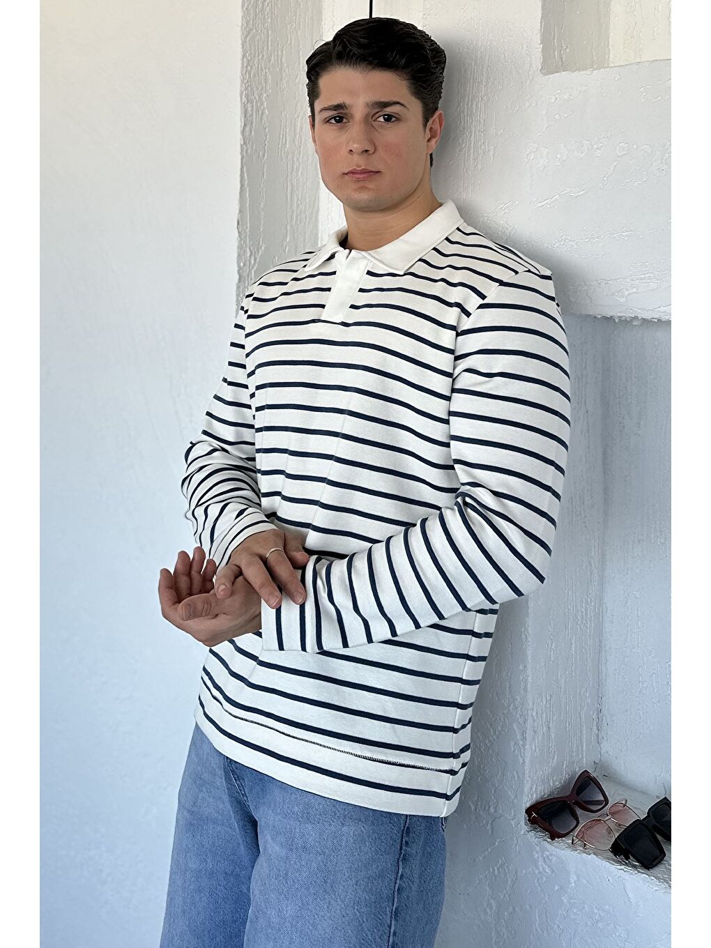 Ekru Gömlek Yaka Çizgili Erkek Sweatshirt-1